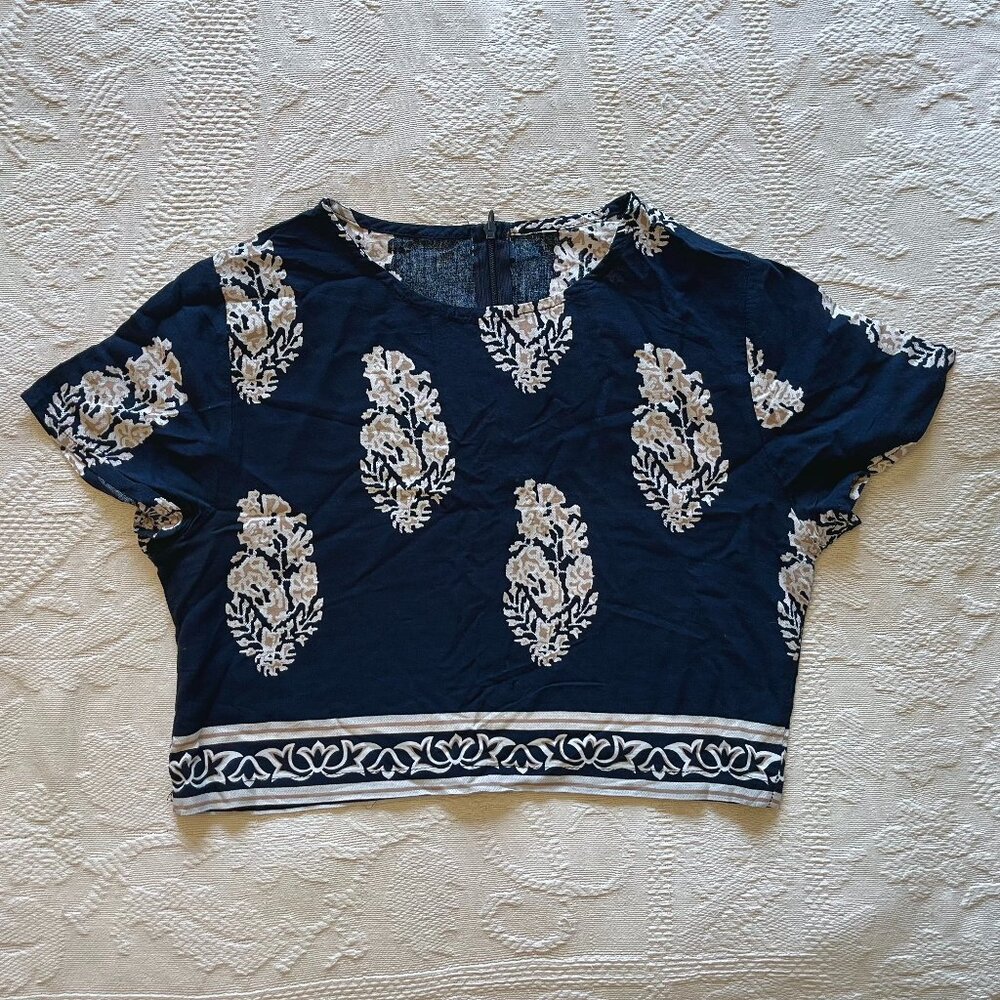 Navy Block Print Crop Top